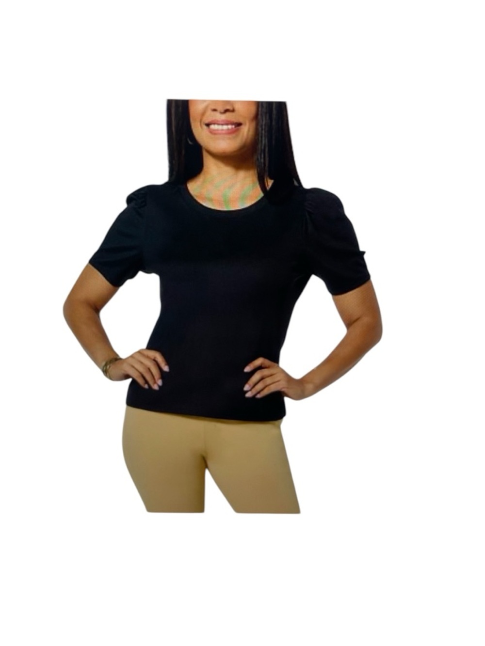 Jaclyn Smith Puff Sleeve Ribbed Knit Tee Shirt Top Size M NWT